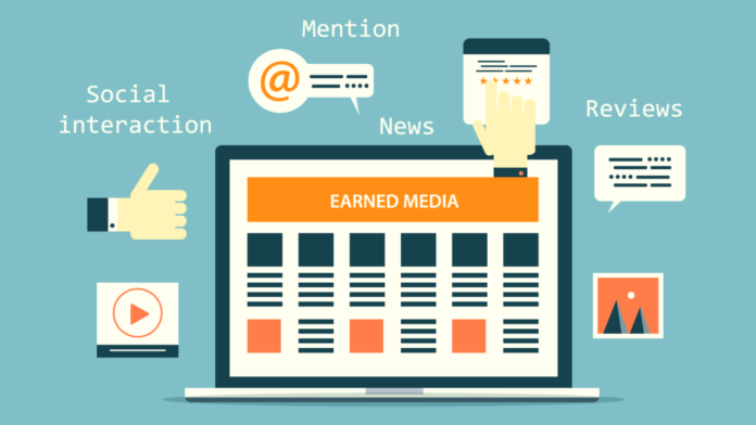 Illustration of earned media components around a laptop screen, including social interaction, mention, news, and reviews.