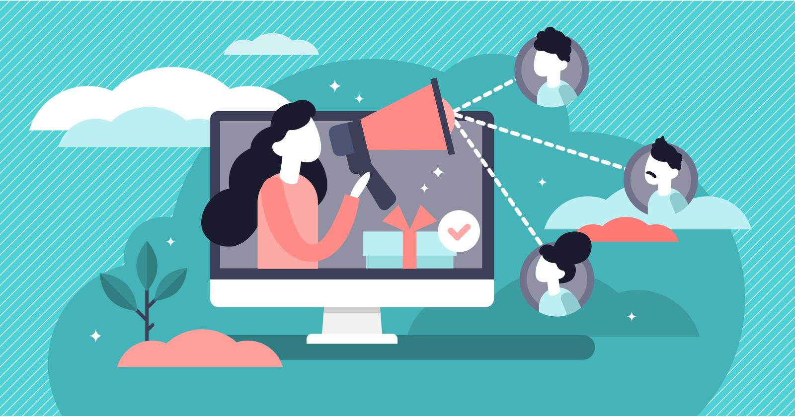 Illustration of a person using a megaphone to promote products online, representing paid media marketing strategies.